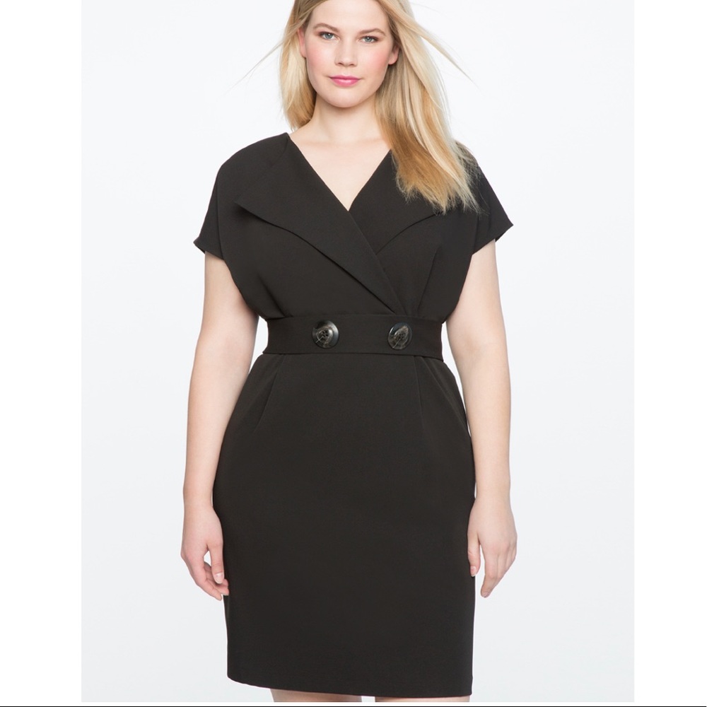 Eloquii Black Faux Wrap Dress with Button Belt